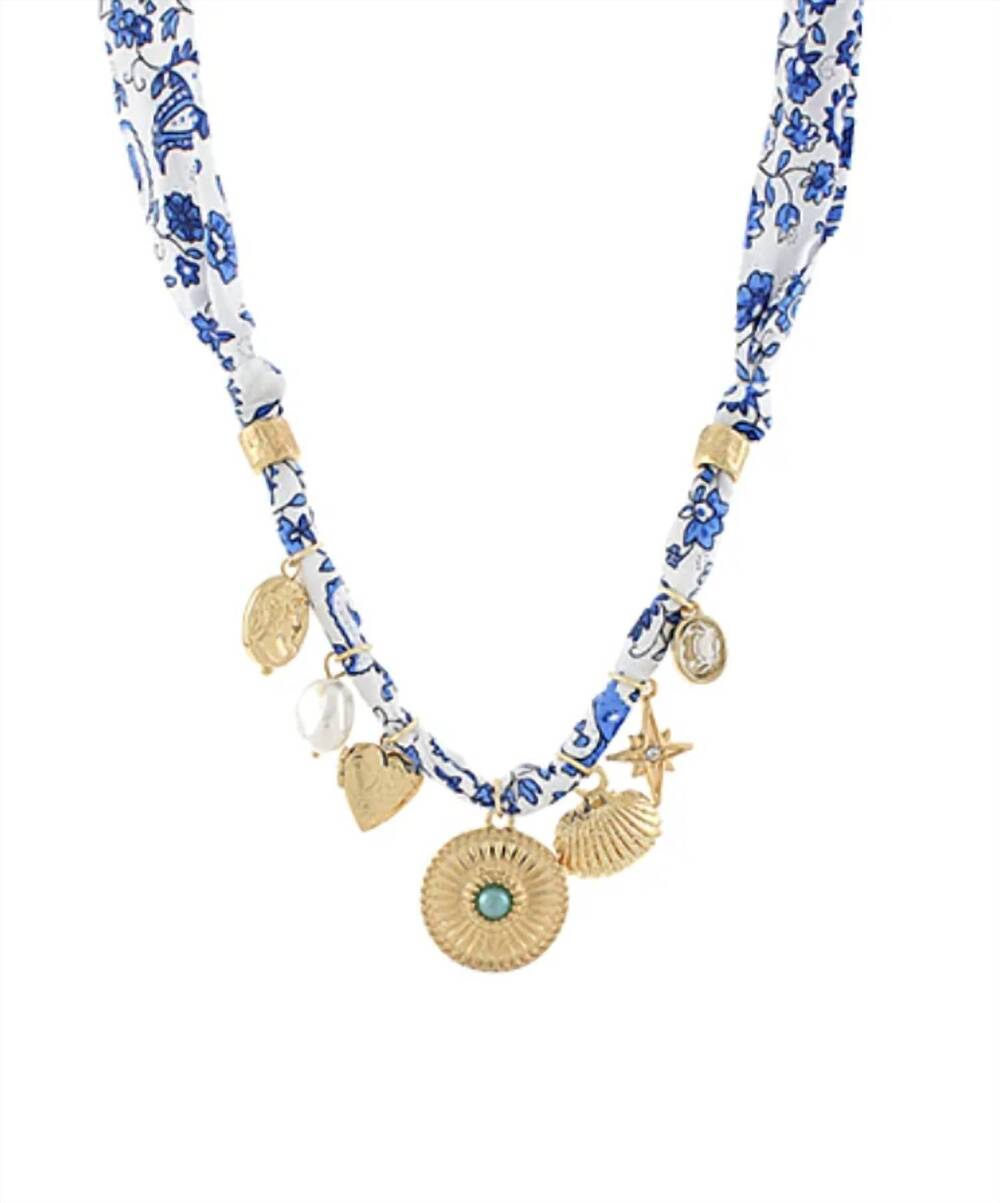NEW GSA women's textured round and multi charm necklace in blue/gold